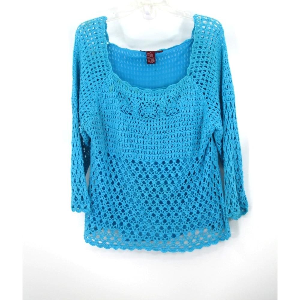 Vintage 90's JONES WEAR Pullover Crochet Top Women XL Turquoise Blue Boho Hippie